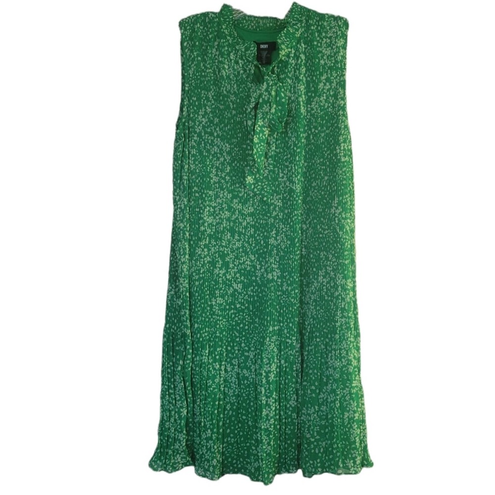 DKNY Tie-Neck Pleated Sleeveless Shift Dress Green Floral Size 10